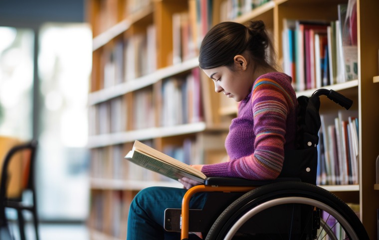 personne sur une chaise roulante lit un livre dans une bibliothèque