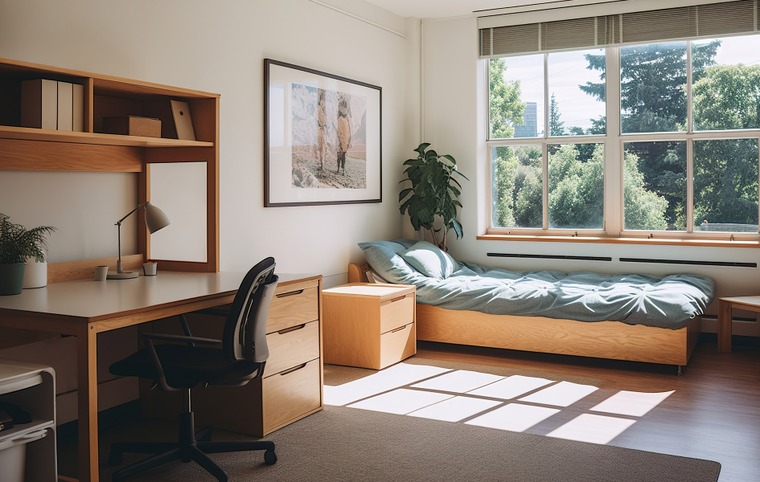 chambre avec lit bureau fenêtre en arrière-plan